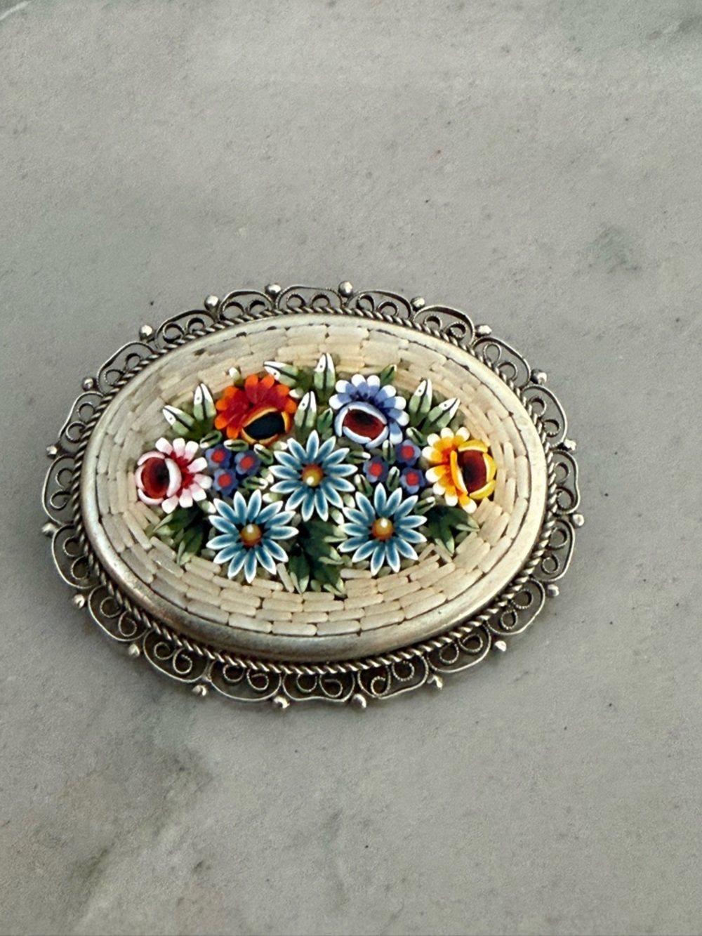 Antique Micro Mosaic Brooch Flower Pin. Italy
